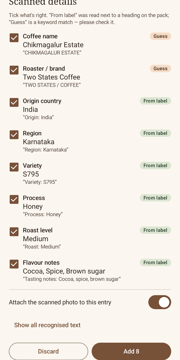 Details scanned from a coffee bag, each with a checkbox to confirm